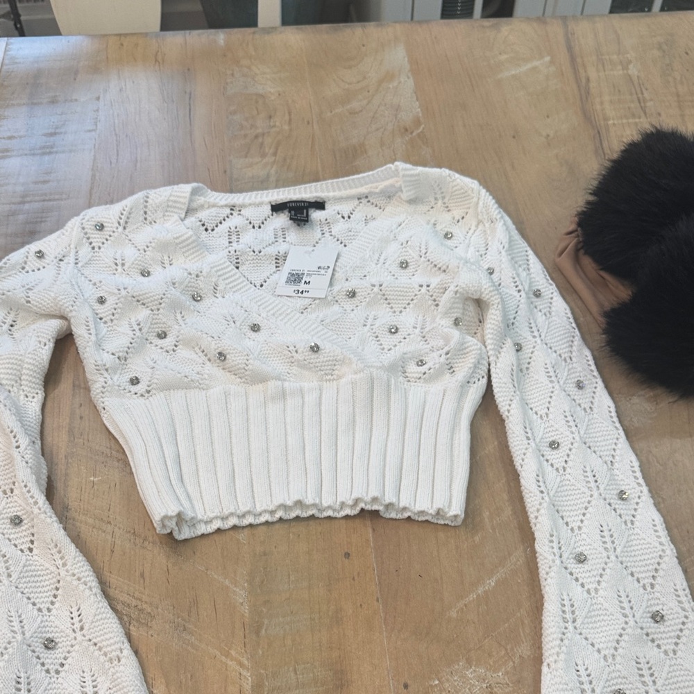 Forever 21 White Cropped Knit Sweater with Stud Accents